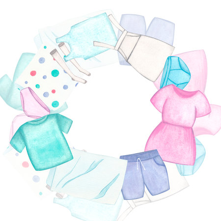 Laundry. Round frame with bed linen and clothes, dress, apron, stockings, T-shirt, shorts, underpants. Watercolor illustration on a white background. Hand-drawn. For postcardsの写真素材