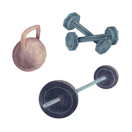 Dumbbells, barbell, kettlebell. Watercolor illustration on a white background. Hand drawn. For postcardsの写真素材