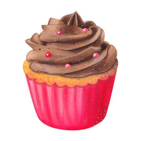 Vanilla cupcake with chocolate cream and pink sugar pills. Muffin in a red package. Watercolor illustration on a white background. Hand drawn. For postcardsの写真素材