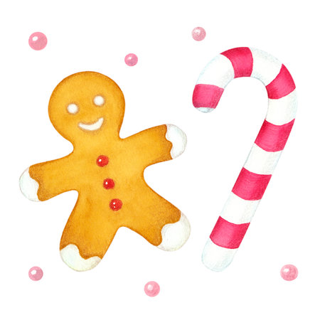 Gingerbread man, candy cane and pink sugar pills. Watercolor illustration on a white background. Hand drawn. For postcardsの写真素材