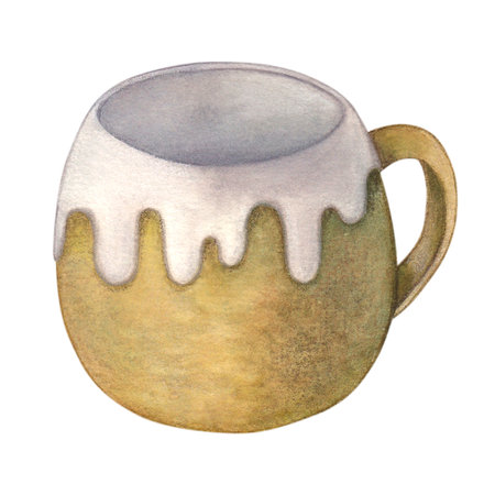 Clay mug in white glaze. Watercolor illustration on a white background. Hand drawn. For postcardsの写真素材