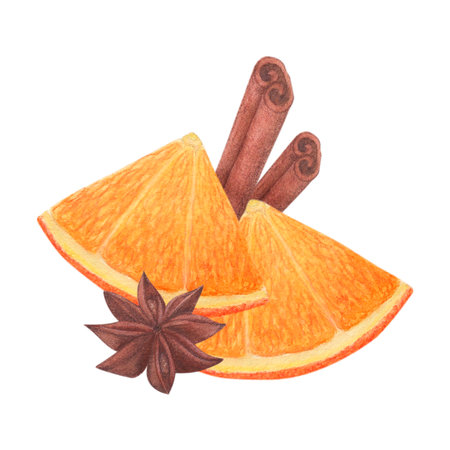 Orange, cinnamon and star anise. Watercolor illustration on a white background. Hand drawn. For postcardsの写真素材