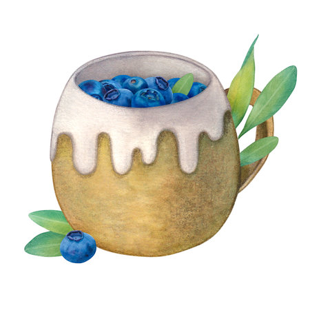 Clay mug in white glaze with blueberry, pistachio sprig. Watercolor illustration on a white background. Hand drawn. For postcardsの写真素材