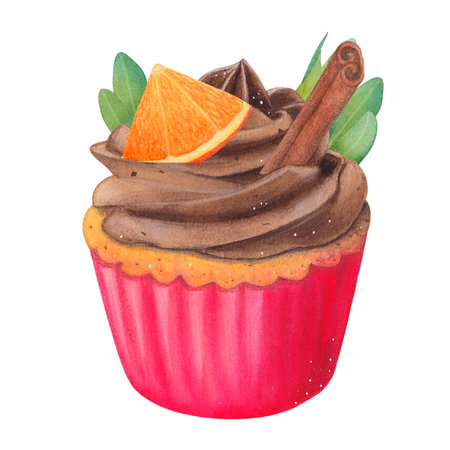 Vanilla cupcake with orange, pistachio sprig, cinnamon and chocolate cream. Muffin in a red package. Watercolor illustration on a white background. Hand drawn. For postcardsの写真素材