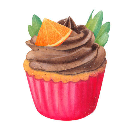 Vanilla cupcake with orange, pistachio sprig and chocolate cream. Muffin in a red package. Watercolor illustration on a white background. Hand drawn. For postcardsの写真素材