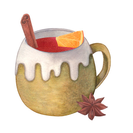 Clay mug with mulled wine, in white glaze. Orange, cinnamon and star anise. Watercolor illustration on a white background. Hand drawn. For postcardsの写真素材