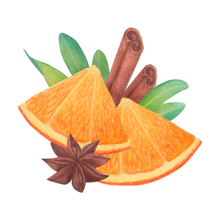 Orange, cinnamon, pistachio sprig and star anise. Watercolor illustration on a white background. Hand drawn. For postcardsの写真素材