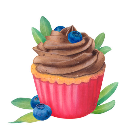 Vanilla cupcake with blueberry, pistachio sprig and chocolate cream. Muffin in a red package. Watercolor illustration on a white background. Hand drawn. For postcardsの写真素材
