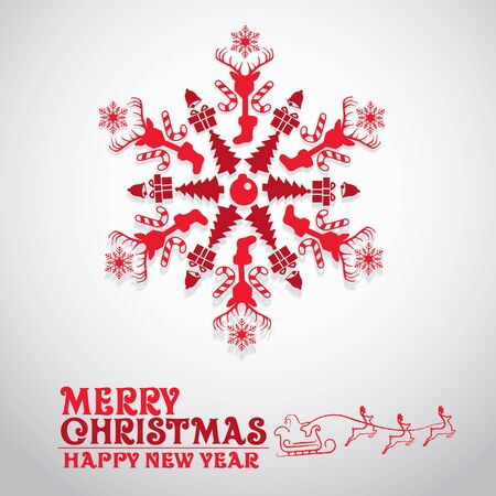 3d pop-up Christmas red snowflake with elements and text white background.Happy new year card.Holiday,celebrations vector illustration objects and ornaments.Can be use for brochure,banner,backdrop,wallpaper,leaflet,flyer.のイラスト素材