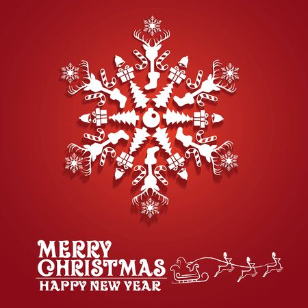 3d pop-up Christmas white snowflake with elements and text red background.Happy new year card.Holiday,celebrations vector illustration objects and ornaments.Can be use for brochure,banner,backdrop,wallpaper,leaflet,flyer.のイラスト素材