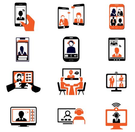 Vector illustration online business communication video conference meeting icons set.Use for Info graphic,Mobile,web,brochure,leaflet,template,flyer,presentation,speech,contract,internet,computerのイラスト素材