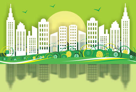 Abstract green city town vector illustration ecology background with swirls,use for backdrop,website,wallpaper,brochure,leaflet,flyer,card,banner,template.のイラスト素材
