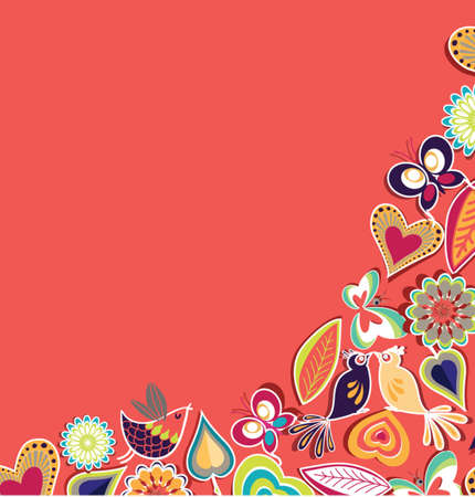 Colorful pattern space background with decorative hearts,flowers,leaves,birds and butterflies.Vector and illustration design and elements backdrop.のイラスト素材
