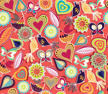Colorful seamless pattern background with decorative hearts,flowers,leaves,birds and butterflies.Vector and illustration design and elements backdrop.のイラスト素材