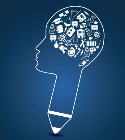Education vector illustration pen pencil human brain thinking idea concept icons use in school,institution,college for designing background,stationery,banner,brochure,template,wallpaper,cover pageのイラスト素材
