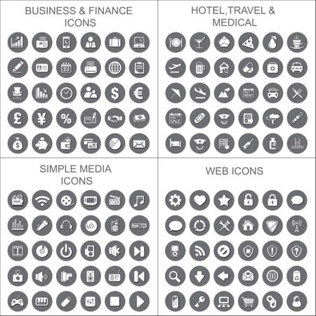 Collection of Business,finance,hotel,travel,medical,web,simple media icons set.Vector illustration design.Use for info graphic,mobile,brochure,leaflet,template,banner,wallpaper,flyer,card designing.のイラスト素材