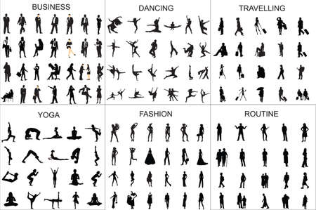 People black silhouette girl and man vector illustration walking,traveling,dancing,doing routine,yoga,business,fashion.のイラスト素材