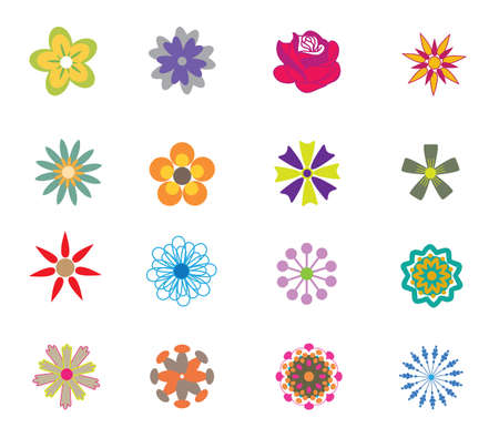 Set of flat vector Spring flower floral icons in silhouette isolated on white. Cute retro design illustrations in bright colors for stickers,labels,tags, scrap booking,wallpaper,backdrop,greeting cardのイラスト素材