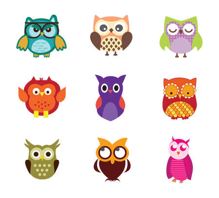 Collection of retro decorative colorful abstract owls.Intricate vector and illustration design set.Cartoon.Use for scrapbook.,wallpaper, stationary,art,greeting card,backdrop,template,background.のイラスト素材