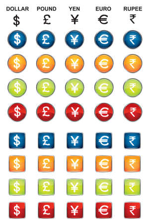 Symbols of money. World Currency color Icon set in round and square web button such as dollar,euro,yen,pound,rupee.Vector illustration.Use for website,banner,template,brochure,banner,leaflet,flyer.のイラスト素材