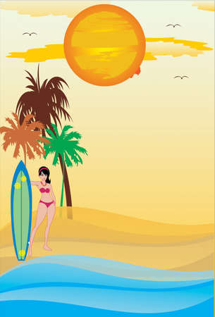 Tropical beach background with Palms trees,woman with surfboard.Cartoon vector illustration. Summer vacation party on sea coast.Use for flyer,poster,holiday,wallpaper,brochure,backdropのイラスト素材