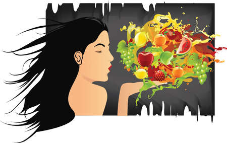 Girl Blowing various fruits and splashesの写真素材