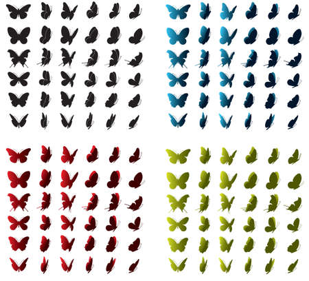 Collection of butterfly icons,silhouettes,sides,positions,shape,design.Vector illustration set.Use for banner,wallpaper,card,brochure,template,backdrop,leaflet,flyer.のイラスト素材