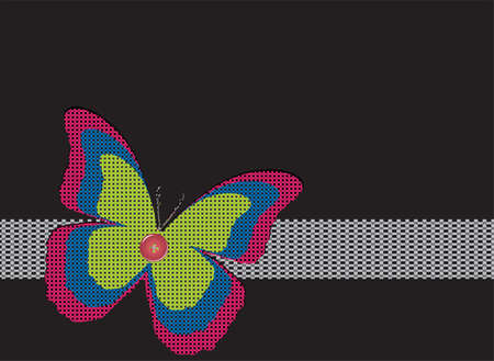Vector illustration colorful butterfly,ribbon,button on black background. Embroidery textile fabric cloth checks pattern design.Use for backdrop,banner,card,wallpaper,brochure,banner,template,leafletのイラスト素材