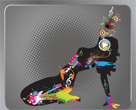 Woman silhouette dancing with colorful music elements and splashes.Graphic abstract background.Retro halftone dot pattern design for party poster,flyer,brochure,banner,template,bacの写真素材