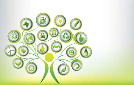 Vector illustration tree life with set of ecological,green,recycling button icons objects background.Conceptual design and elements.Use for website,banner,backdrop,brochure,template,leaflet,flyerのイラスト素材