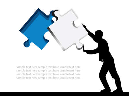 Vector man silhouette placing a blue puzzle over grey background.Illustration business icon concept.Use for designing brochure,template,banner,leaflet,advertising,flyer,card.Abstract backdrop.のイラスト素材