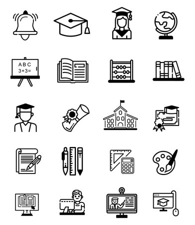 Vector illustration basic,higher and online education icons set in black outline style,which includes diploma and stationery objects.Use for website and brochure.のイラスト素材