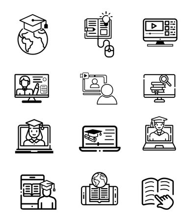 Vector illustration online school and higher education icons set in black outline style,which includes diploma and stationery objects.Use for website and brochure.のイラスト素材