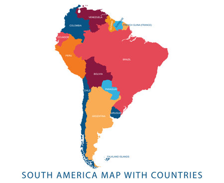 Vector illustration design of continent South America map with countries name and border,for website,template,wallpaper,brochure,leaflet,flyer,banner,presentation,projects.のイラスト素材