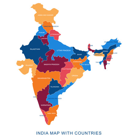 Abstract colorful design of India map with countries name and border.Detailed illustration can be use for presentation,template and report.のイラスト素材