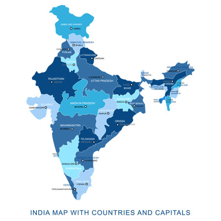 Abstract blue vector India map with states and their respective capital.のイラスト素材