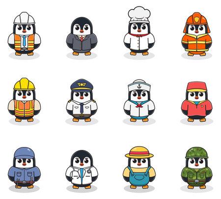 Vector set of cute Penguin with different professions. Cartoon cute Penguin dressed in different occupation uniform. Vector characters with jobs different occupation.のイラスト素材