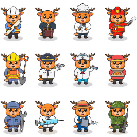 Cartoon Deer in professional uniform. Vector set of Deer different professions. Vector characters with jobs different occupation. Different jobs professionals. Isolated vector iconのイラスト素材