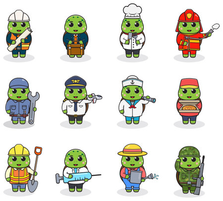 Cartoon Turtle in professional uniform. Vector set of Turtle different professions. Vector characters with jobs different occupation. Different jobs professionals.のイラスト素材