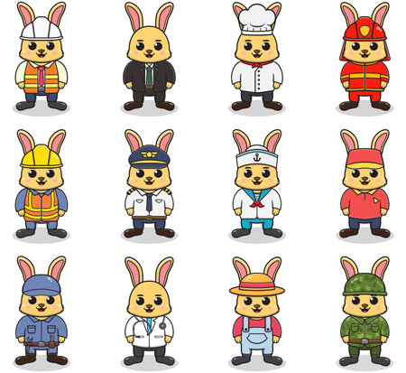 Vector set of cute Rabbit with different professions. Cartoon cute Rabbit dressed in different occupation uniform. Vector characters with jobs different occupation.のイラスト素材