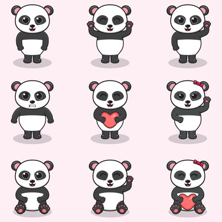 Vector illustration set of Panda cartoon. Bundle of cute Panda set. Set of animals. Cartoon and vector isolated characters. A collection of animals in the children's style.のイラスト素材