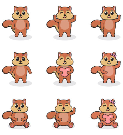 Vector illustration set of Squirrel cartoon. Bundle of cute Squirrel set. Set of animals. Cartoon and vector isolated characters. A collection of animals in the children's style.のイラスト素材