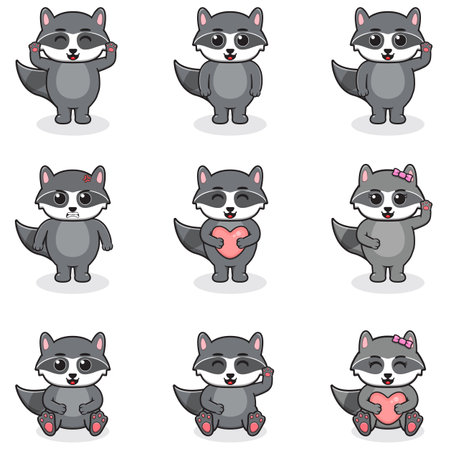 Vector illustration set of Raccoon cartoon. Bundle of cute Raccoon set. Set of animals. Cartoon and vector isolated characters. A collection of animals in the children's style.のイラスト素材