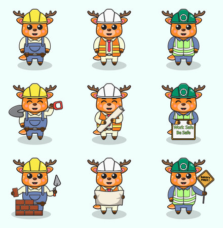 Cute Deer engineers workers, builders characters isolated cartoon illustration.のイラスト素材