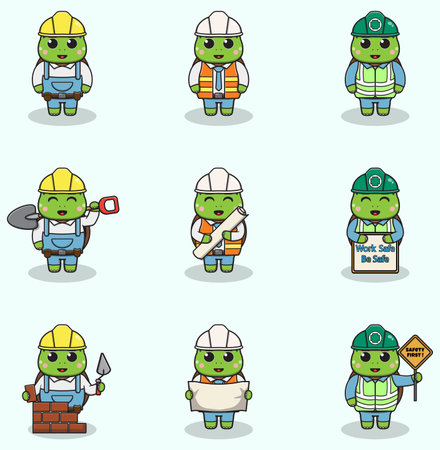 Cute Turtle engineers workers, builders characters isolated cartoon illustration.のイラスト素材