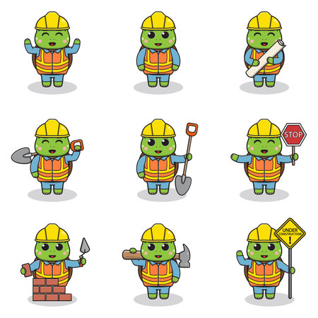 Vector illustration of Turtle character at construction site. Construction workers in various tools. Cartoon Turtle characters in hard hat working at building site vector.のイラスト素材