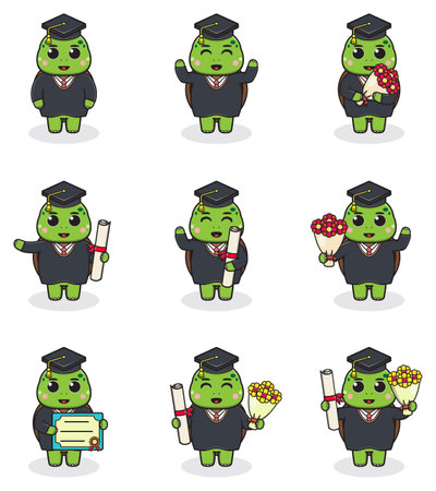 Cute cartoon Turtle in graduate hat on white background. Vector Set of Cute Graduation Themed Turtle . Illustration symbol mascot character animal. Design flat cartoon.のイラスト素材