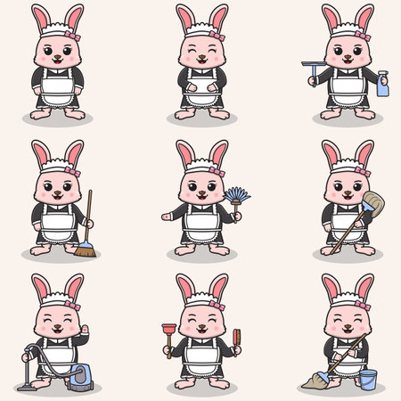 Vector illustration of cute Rabbit with maid uniform. Animal character design. Rabbit with cleaning equipment. Set of cute Rabbit characters.のイラスト素材