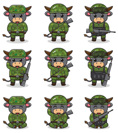 Vector illustrations of cute Buffalo as Soldier. Cute army set. flat cartoon character design.のイラスト素材