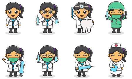 Vector illustrations of Cute Girl with doctor costume. Adorable kids doctor set. Smiling little Girl dressed as doctors.のイラスト素材